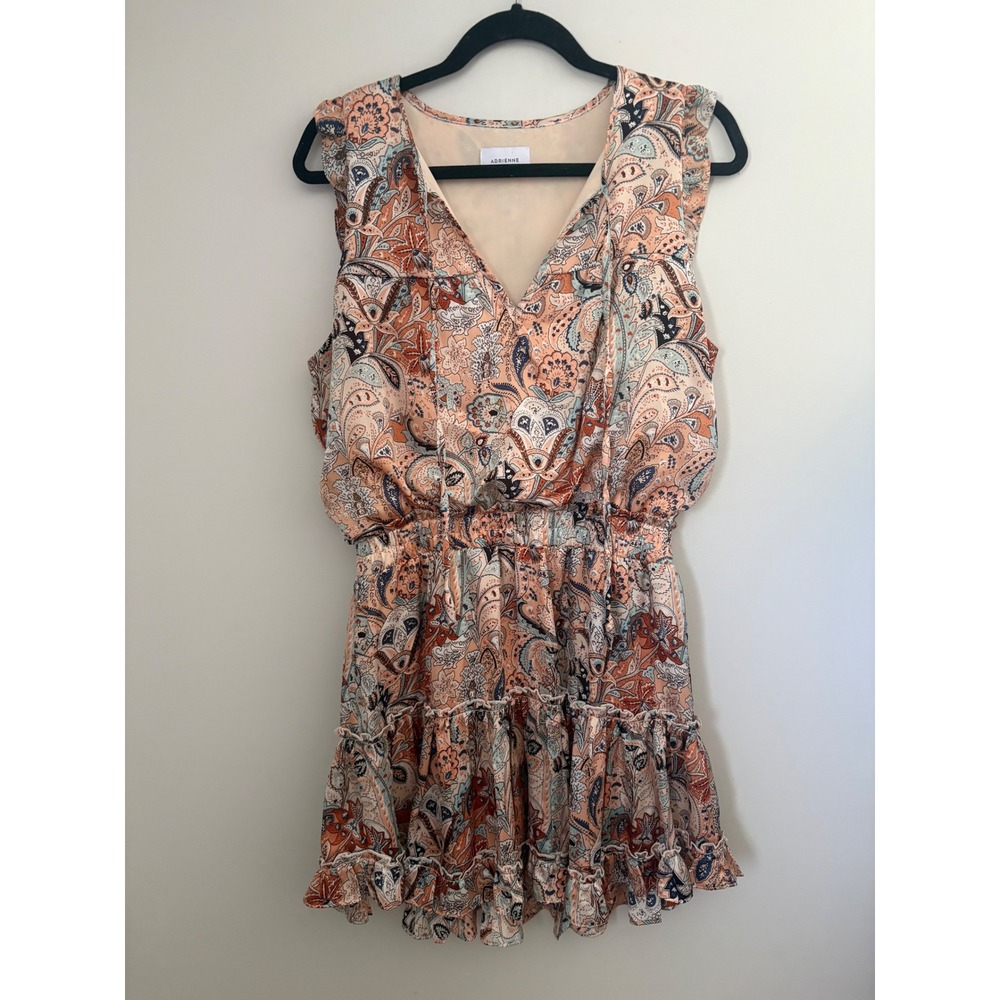 Adrienne Womens Paisley V-Neck Tiered Ruffle‎ Mini Dress Peach Blue Size Medium